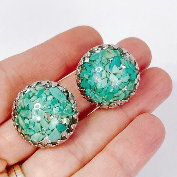 VTG 60s Turquoise Earrings Stone Chip Resin Dome Silver Tone Clip On Mid Century - Picture 2 of 12